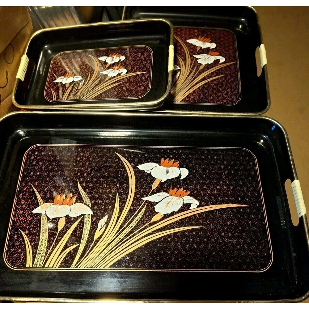 Lacquerware Tray Set Painted Shikki Ware 3 Piece Nesting Barware Serving Trays